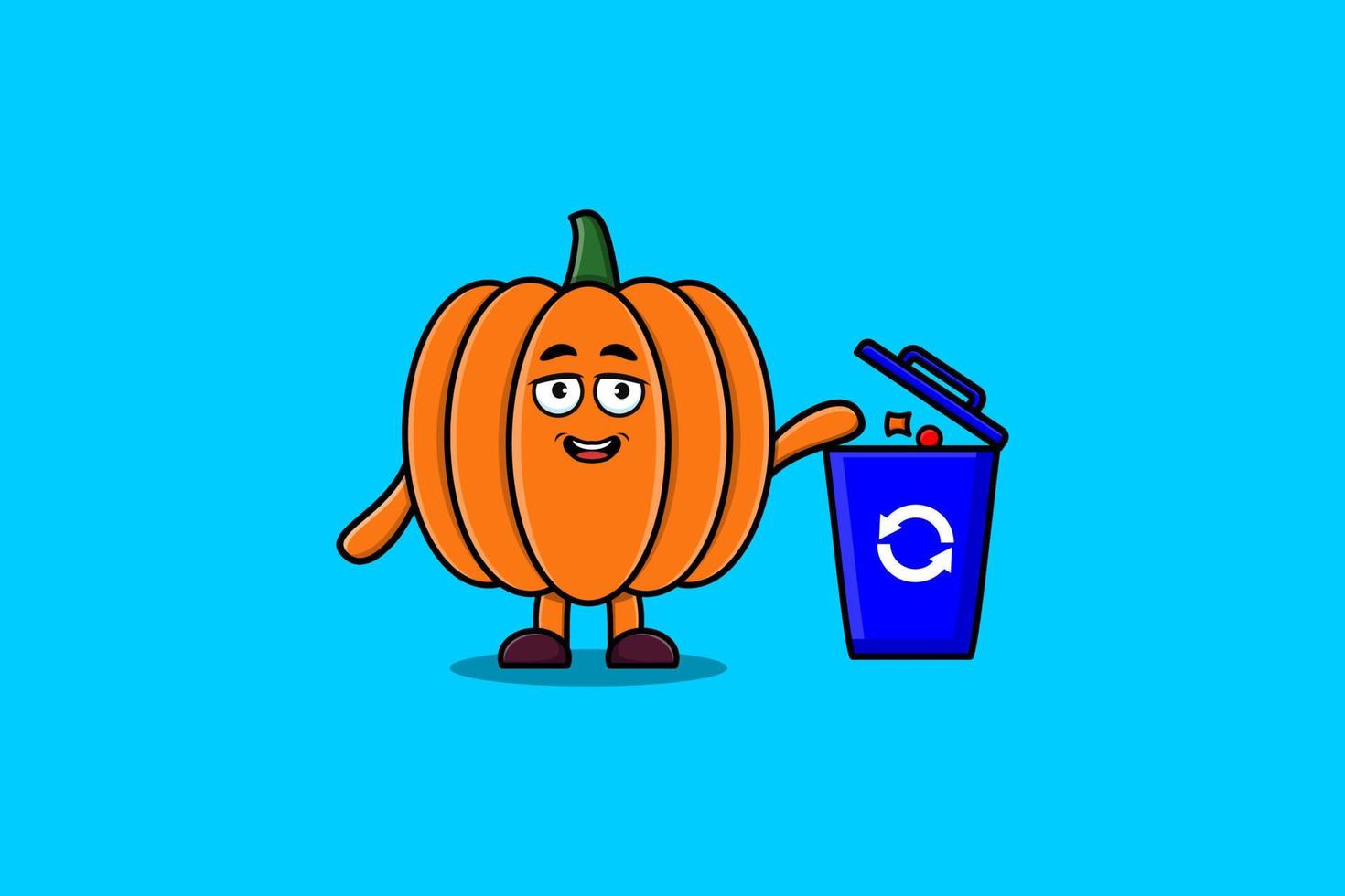 linda caricatura de calabaza tirando basura a la basura vector