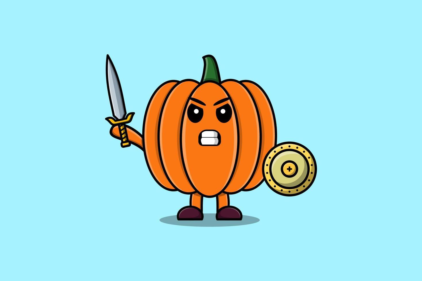 lindo personaje de calabaza de dibujos animados con dos espadas vector