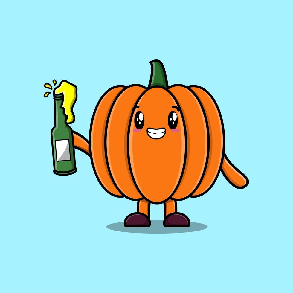 lindo personaje de dibujos animados calabaza con botella de refresco vector