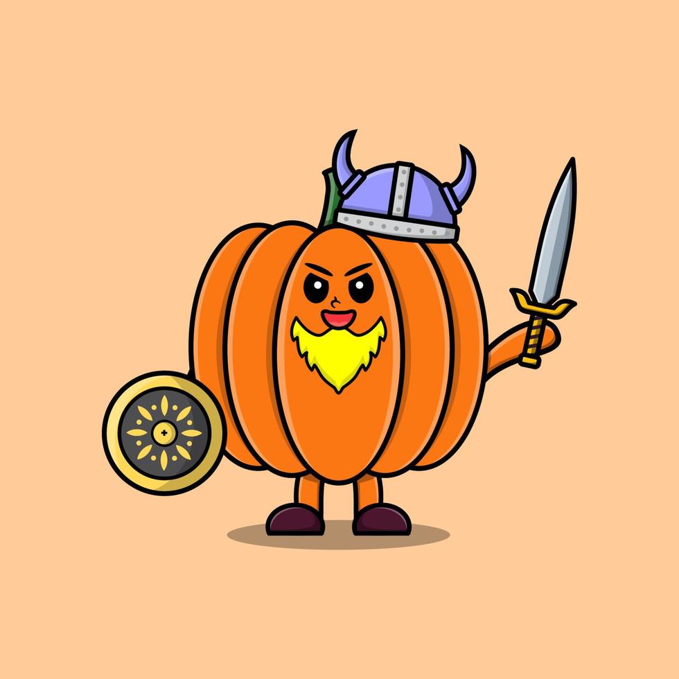 Cute cartoon Pumpkin viking pirate holding sword vector