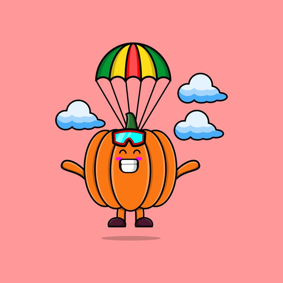 calabaza de dibujos animados mascota es paracaidismo con paracaídas vector