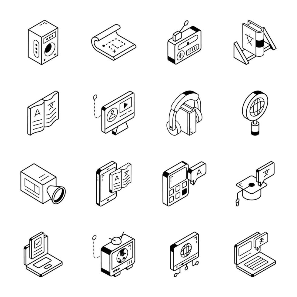 conjunto de iconos isométricos lineales de lingüística y traducción vector