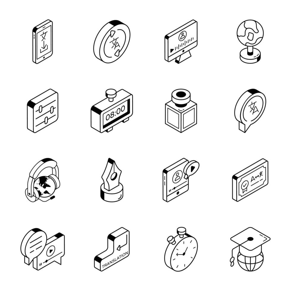 Pack of Language Course Linear Isometric Icons vector