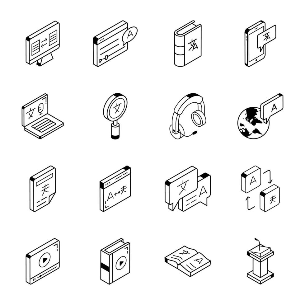 Pack of Language Translation Linear Isometric Icons vector