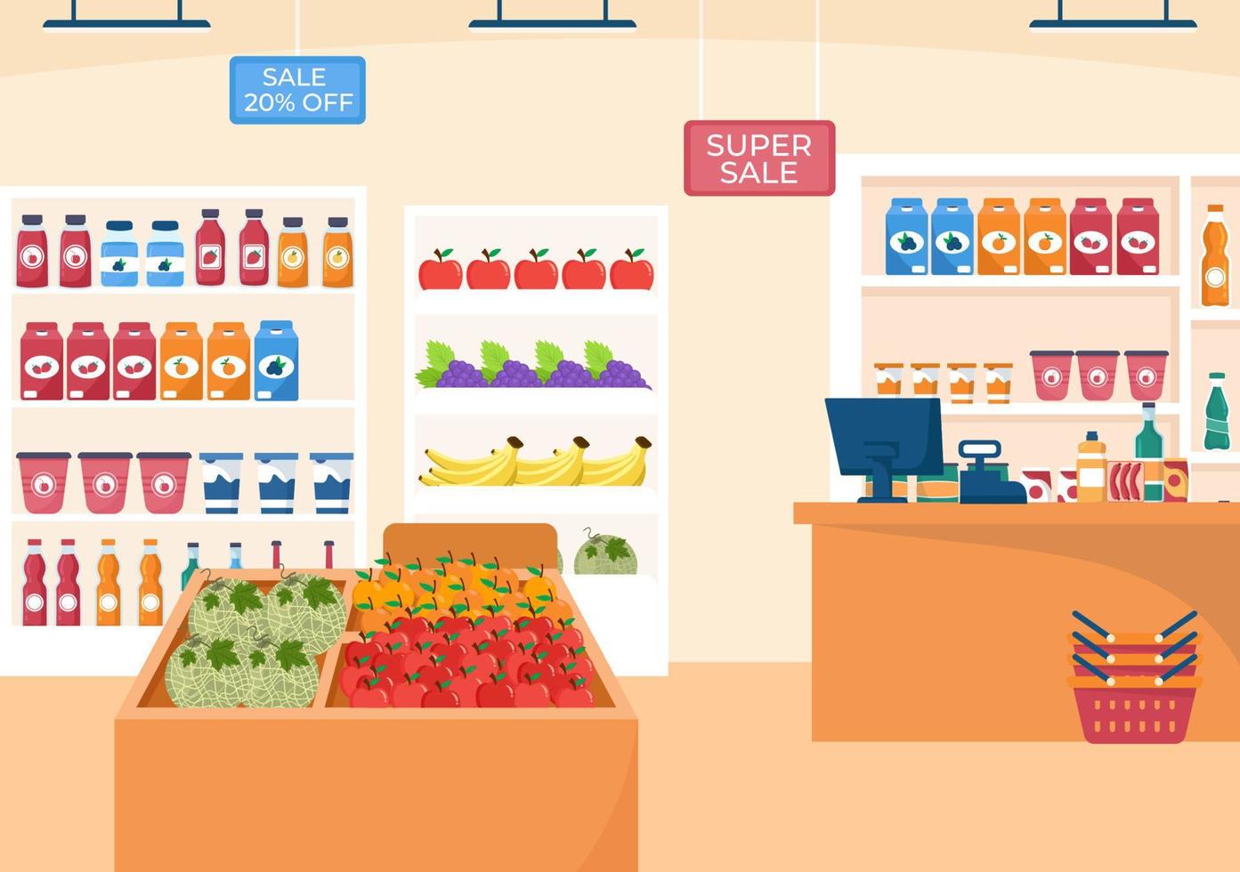 tienda de abarrotes o supermercado con estantes de productos alimenticios, estantes lácteos, frutas y bebidas para comprar en dibujos animados planos dibujados a mano ilustración de plantillas vector