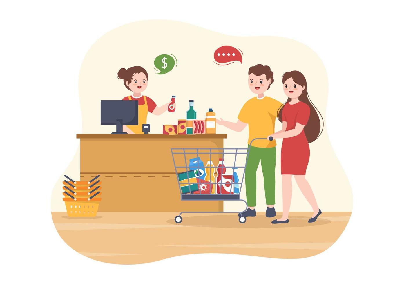 Grocery Store or Supermarket with Food Product Shelves, Racks Dairy, Fruits and Drinks for Shopping in Flat Cartoon Hand Drawn Templates Illustration vector