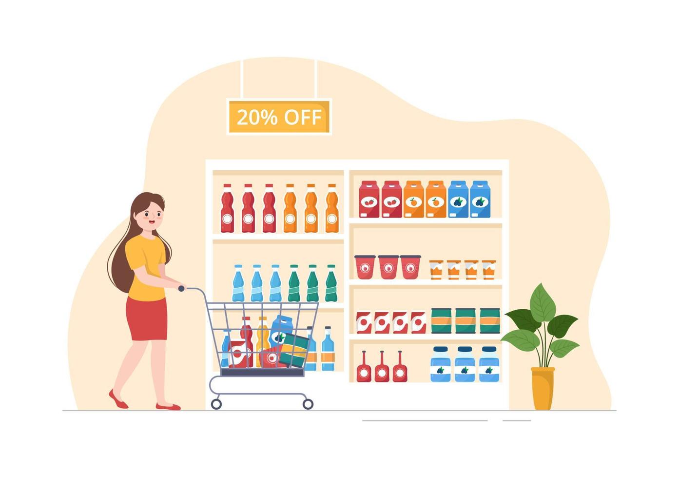 Grocery Store or Supermarket with Food Product Shelves, Racks Dairy, Fruits and Drinks for Shopping in Flat Cartoon Hand Drawn Templates Illustration vector