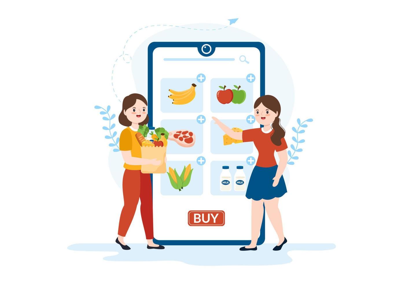 Online Grocery Store or Supermarket to Order Daily Necessities or Food via the App in Flat Cartoon Hand Drawn Templates Illustration vector