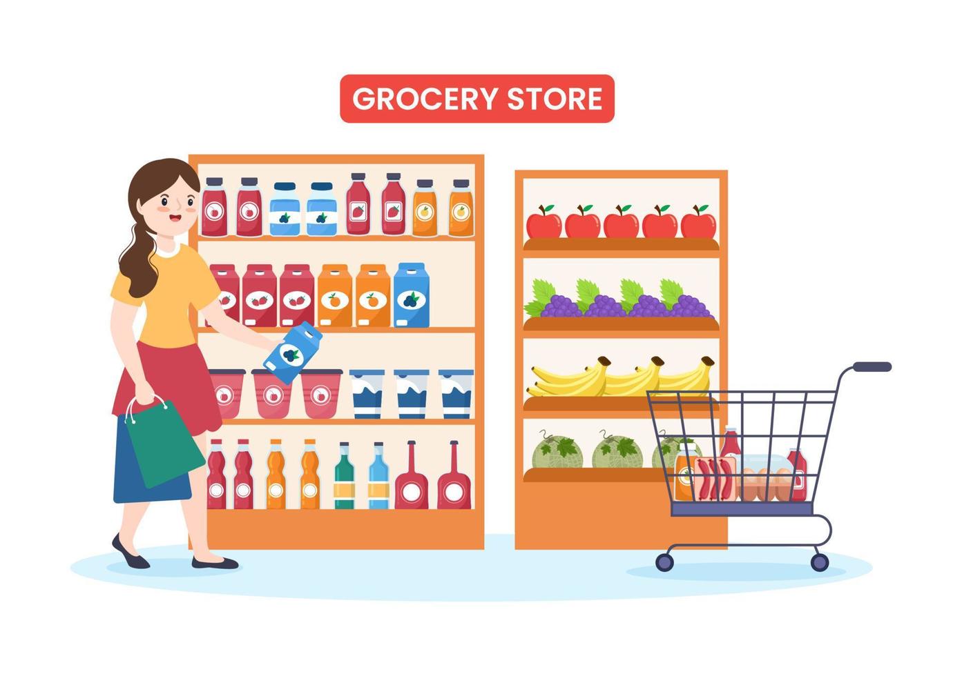 Grocery Store or Supermarket with Food Product Shelves, Racks Dairy, Fruits and Drinks for Shopping in Flat Cartoon Hand Drawn Templates Illustration vector