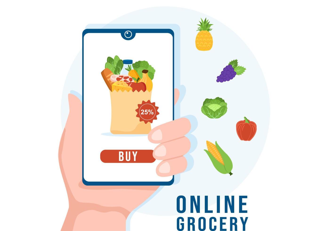 Online Grocery Store or Supermarket to Order Daily Necessities or Food via the App in Flat Cartoon Hand Drawn Templates Illustration vector