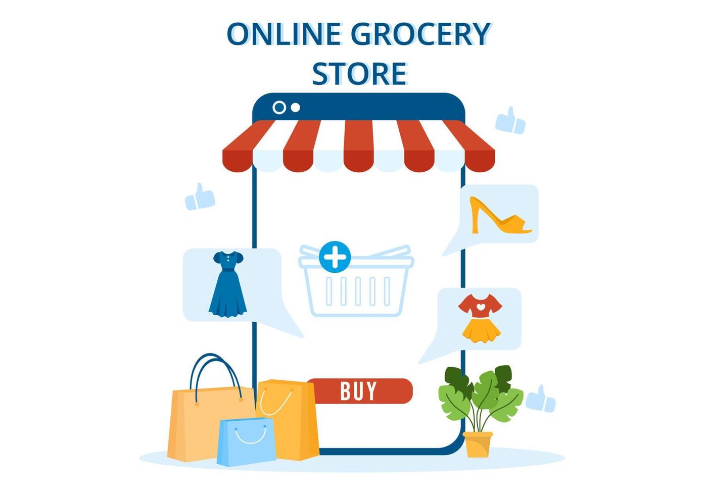 Online Grocery Store or Supermarket to Order Daily Necessities or Food via the App in Flat Cartoon Hand Drawn Templates Illustration vector