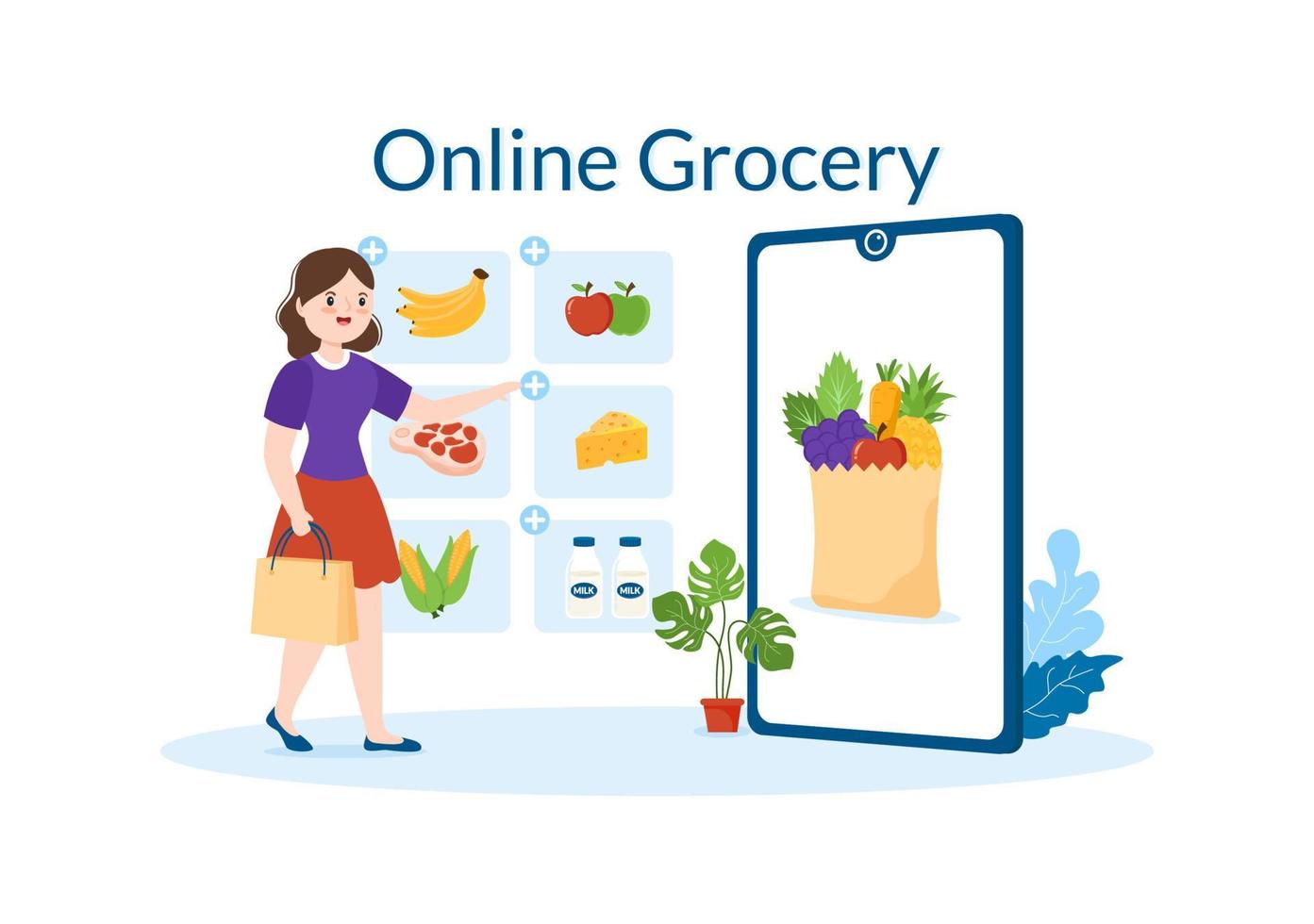 Online Grocery Store or Supermarket to Order Daily Necessities or Food via the App in Flat Cartoon Hand Drawn Templates Illustration vector