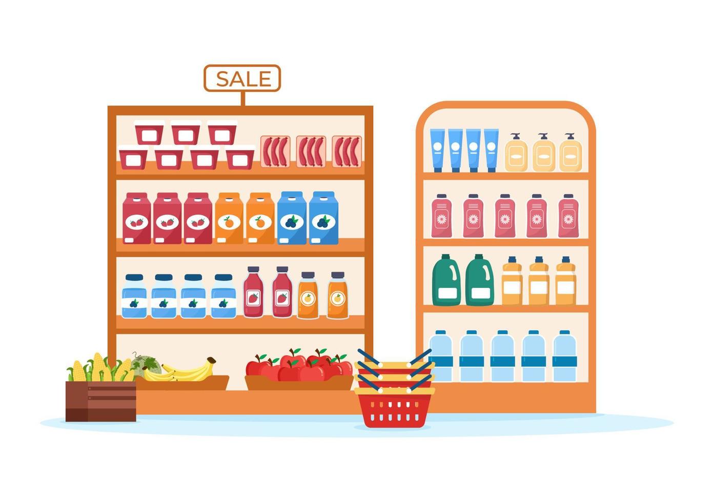 tienda de abarrotes o supermercado con estantes de productos alimenticios, estantes lácteos, frutas y bebidas para comprar en dibujos animados planos dibujados a mano ilustración de plantillas vector
