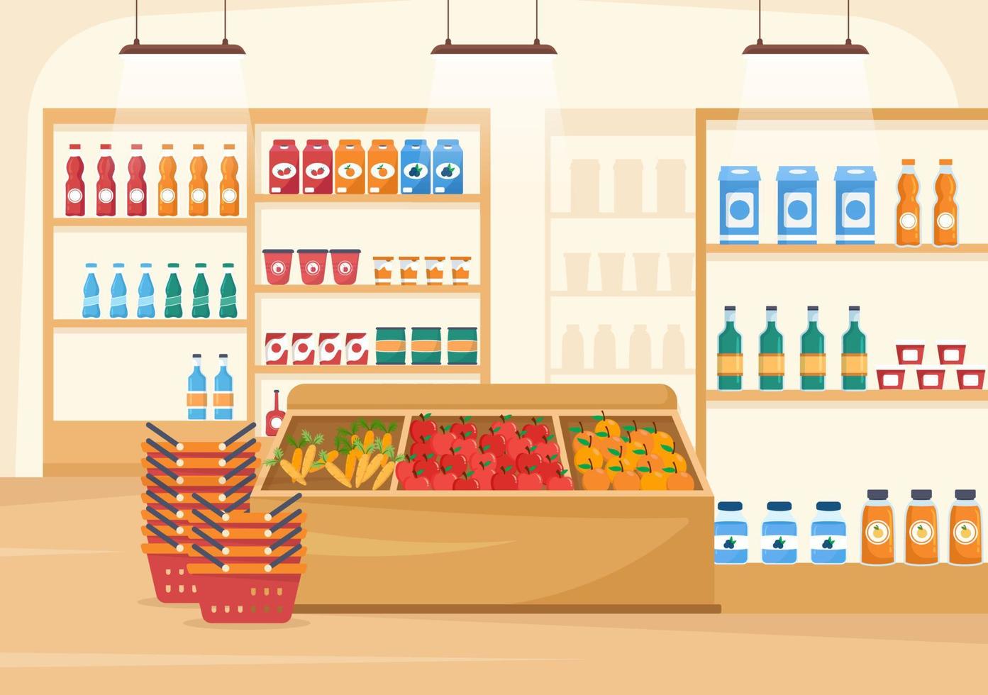 tienda de abarrotes o supermercado con estantes de productos alimenticios, estantes lácteos, frutas y bebidas para comprar en dibujos animados planos dibujados a mano ilustración de plantillas vector