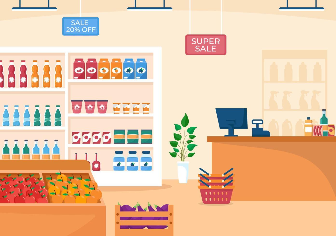 tienda de abarrotes o supermercado con estantes de productos alimenticios, estantes lácteos, frutas y bebidas para comprar en dibujos animados planos dibujados a mano ilustración de plantillas vector