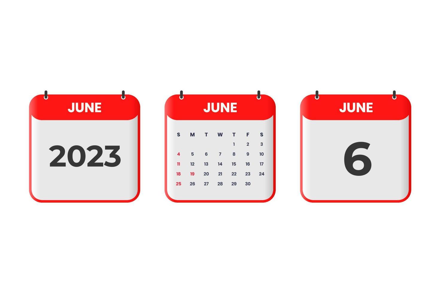 Diseño de calendario de junio de 2023. 6 de junio de 2023 icono de calendario para horario, cita, concepto de fecha importante vector