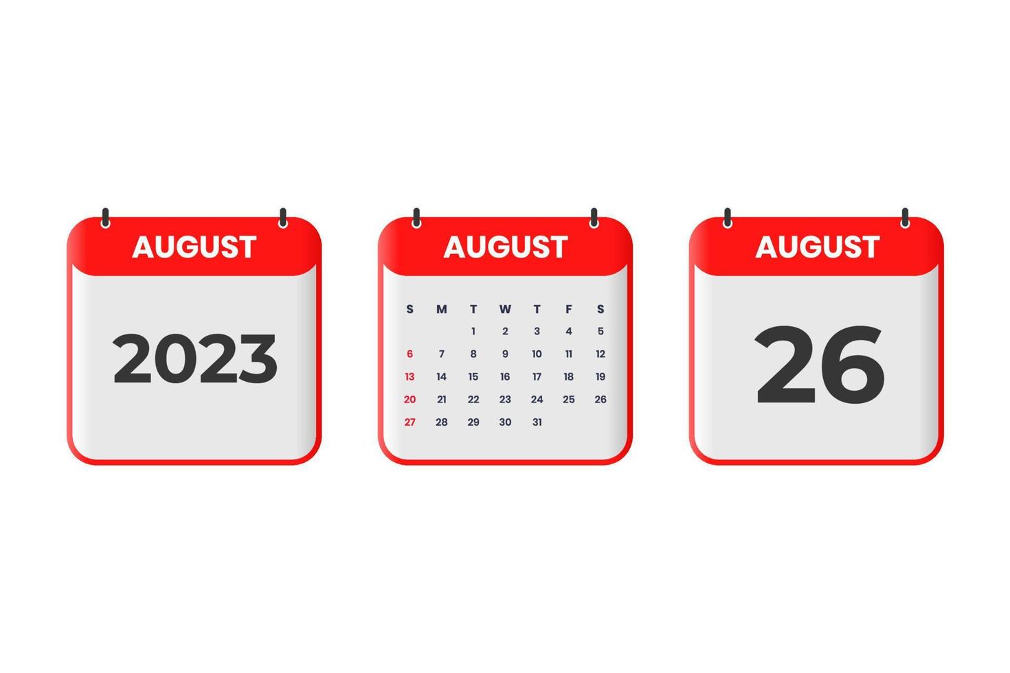 August 2023 calendar design. 26th August 2023 calendar icon for schedule, appointment, important date concept vector