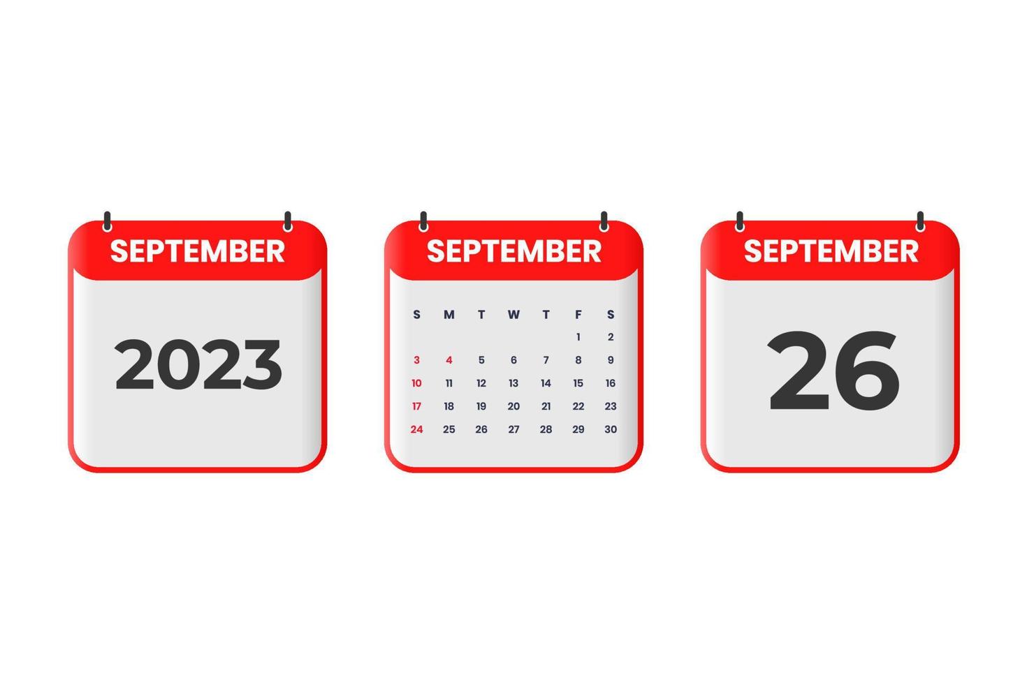diseño de calendario de septiembre de 2023. 26 de septiembre de 2023 icono de calendario para horario, cita, concepto de fecha importante vector