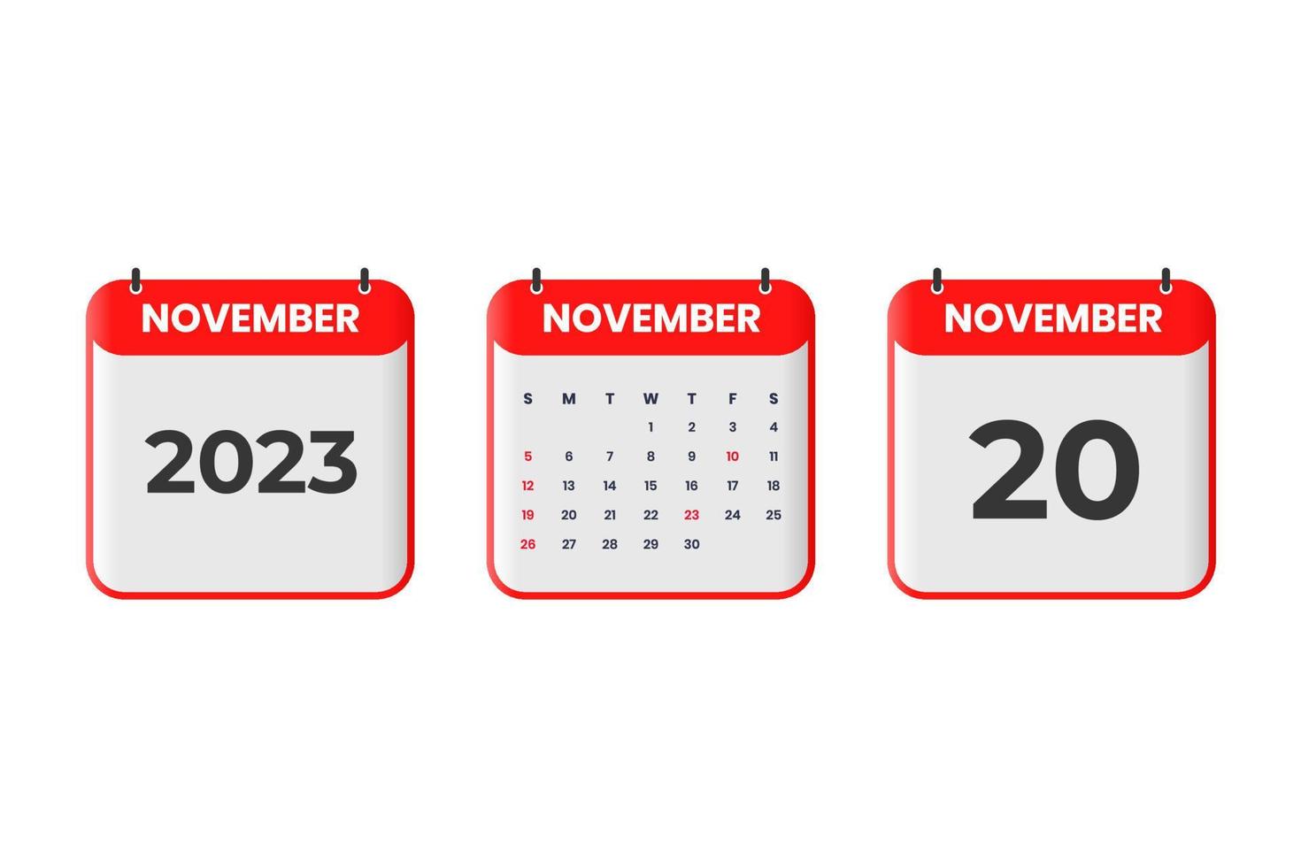 November 2023 calendar design. 20th November 2023 calendar icon for schedule, appointment, important date concept vector