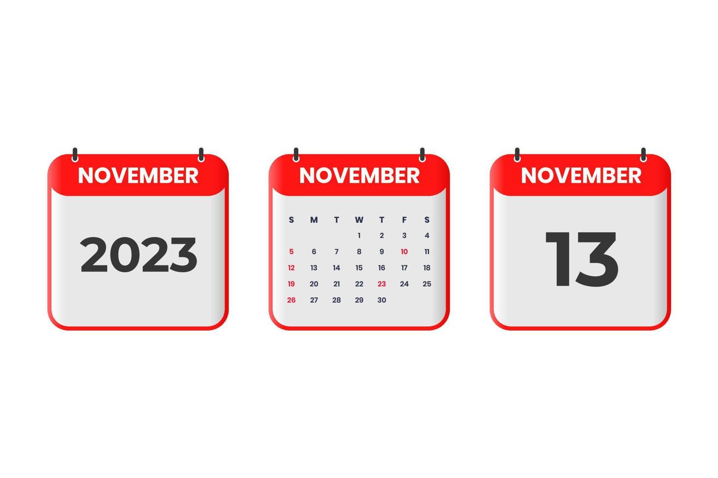 diseño de calendario de noviembre de 2023. 13 de noviembre de 2023 icono de calendario para horario, cita, concepto de fecha importante vector