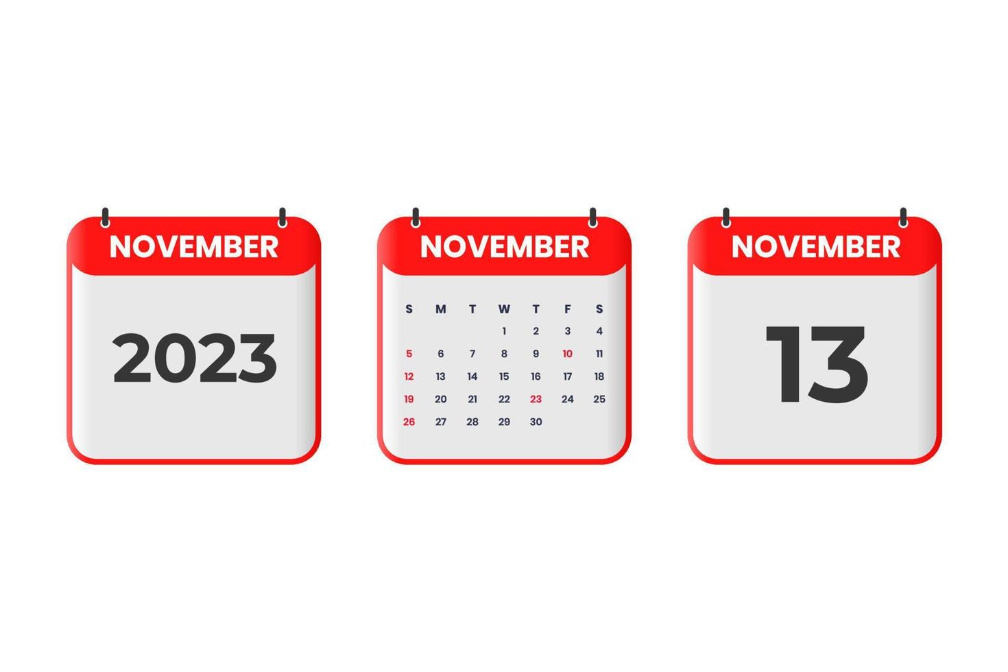 November 2023 calendar design. 13th November 2023 calendar icon for schedule, appointment, important date concept vector