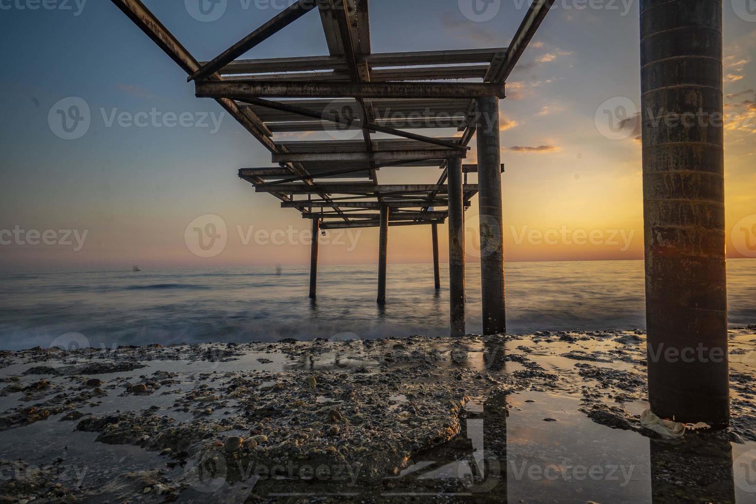 Beautiful shot of a long  at sunset Warm sunset tones of orange, yellow, pink, blue and purple. Smooth water and reflection photo