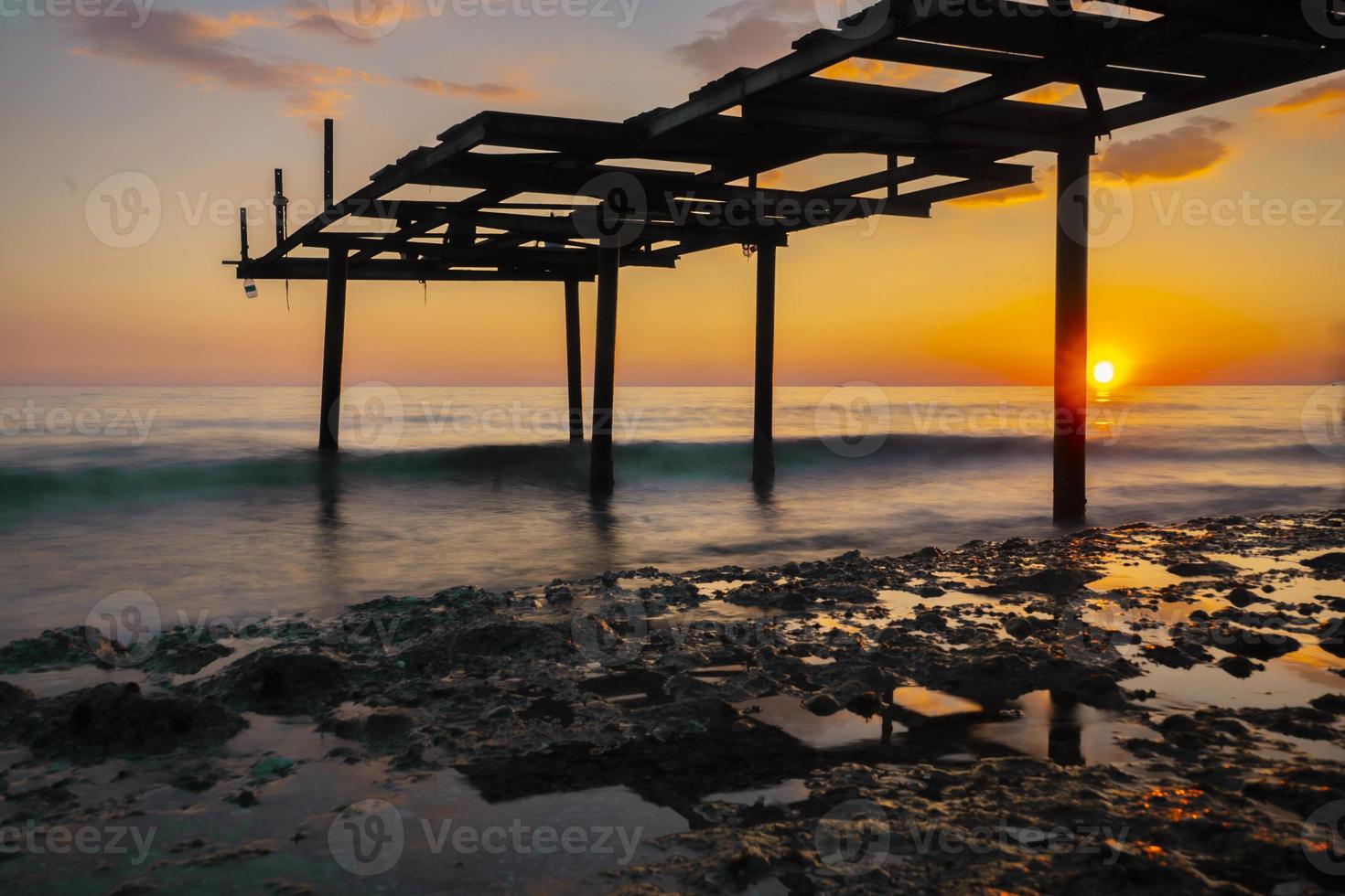 Beautiful shot of a long  at sunset Warm sunset tones of orange, yellow, pink, blue and purple. Smooth water and reflection photo