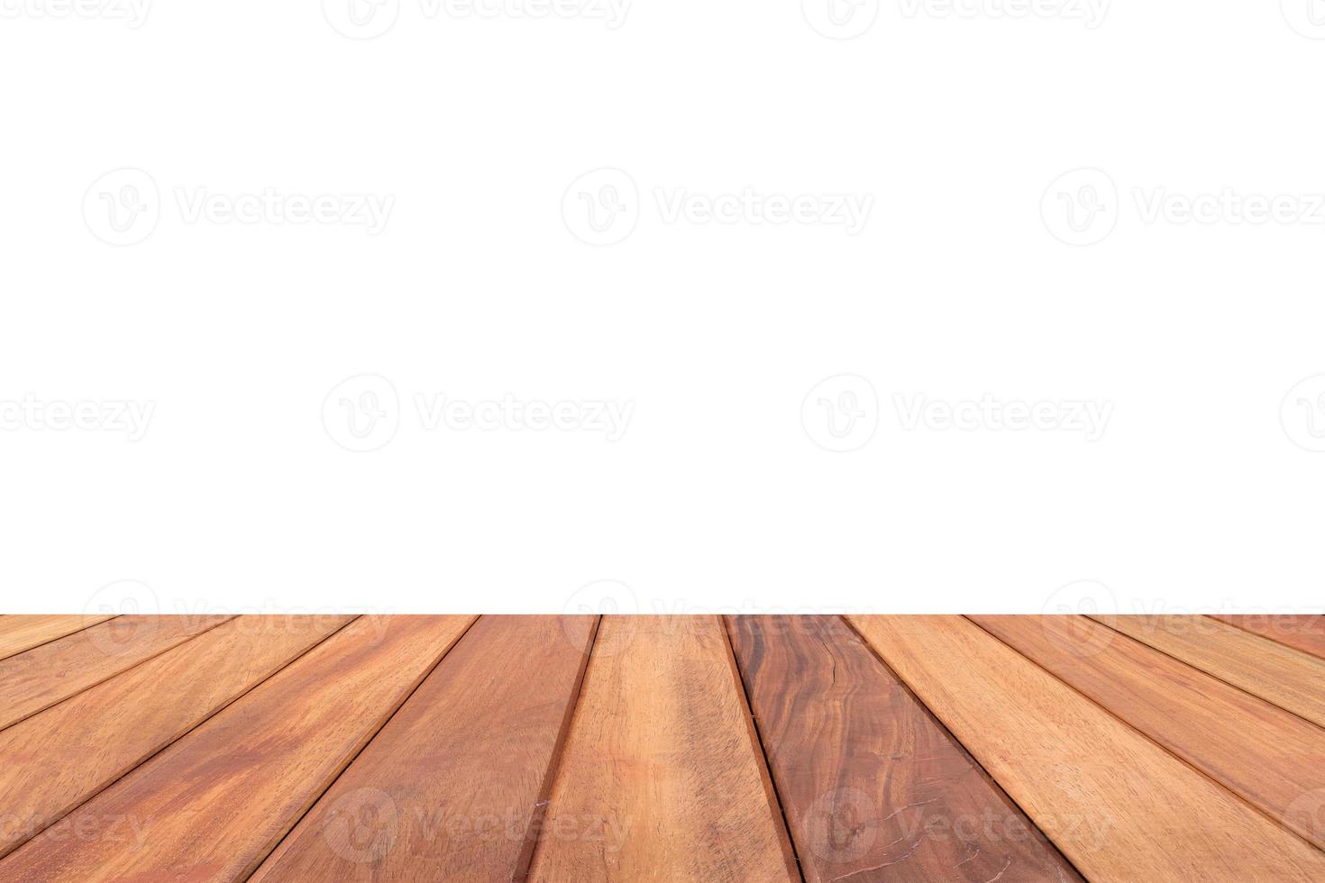 Empty wooden table top isolated on white background for montage product display photo