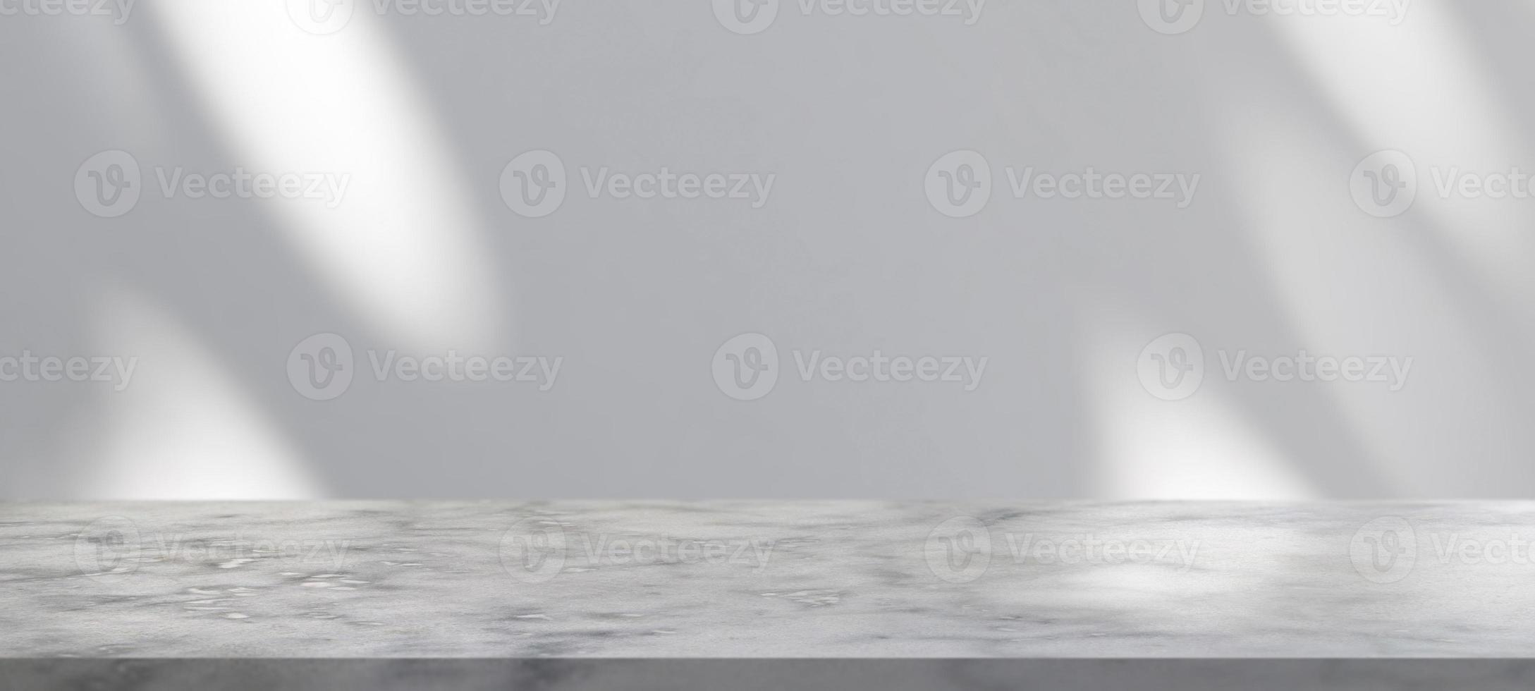 Marble table with tree shadow drop on white wall background for mockup product display photo