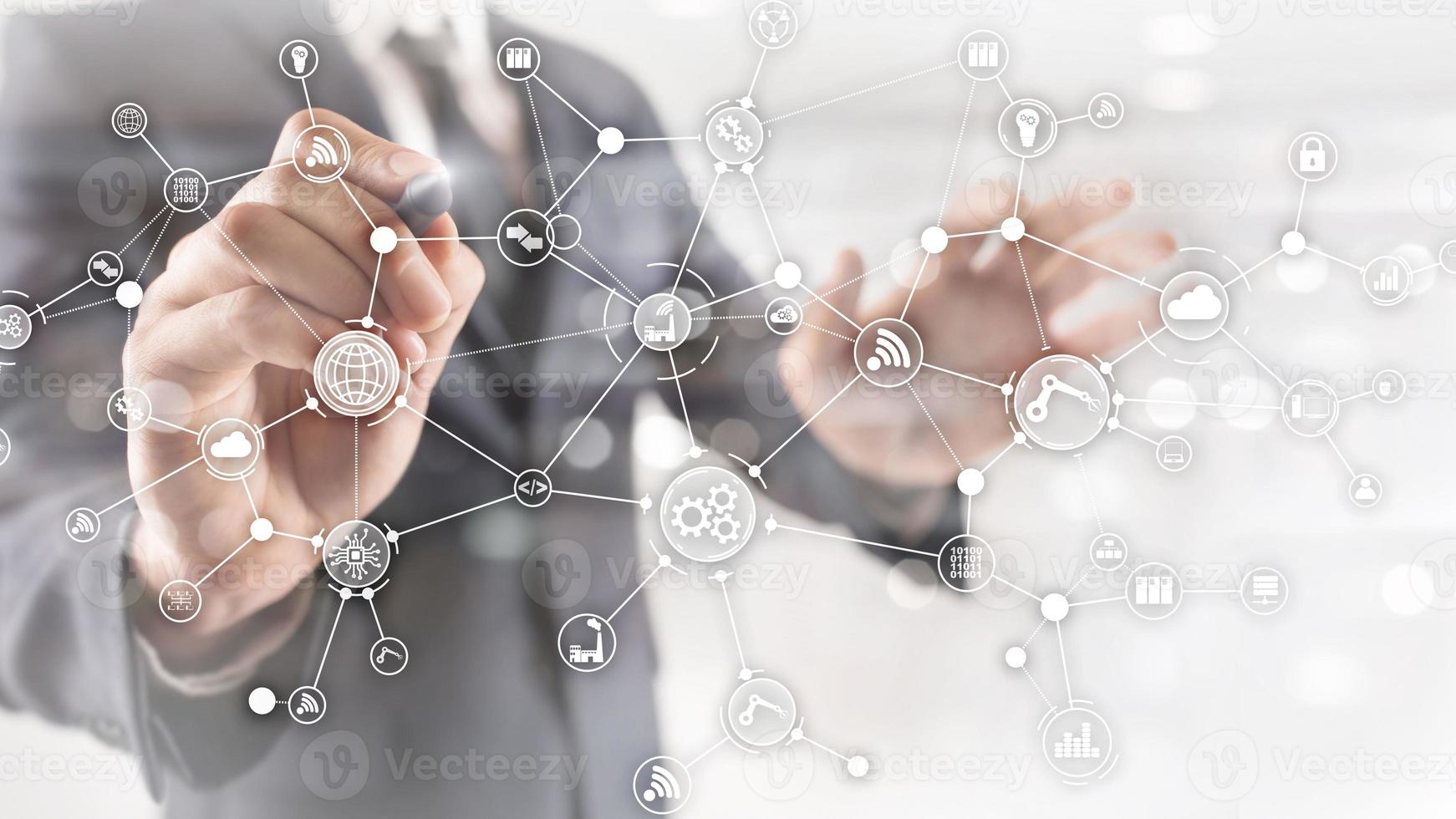 Technology industrial business process workflow organisation structure on virtual screen. IOT smart industry concept mixed media diagram photo