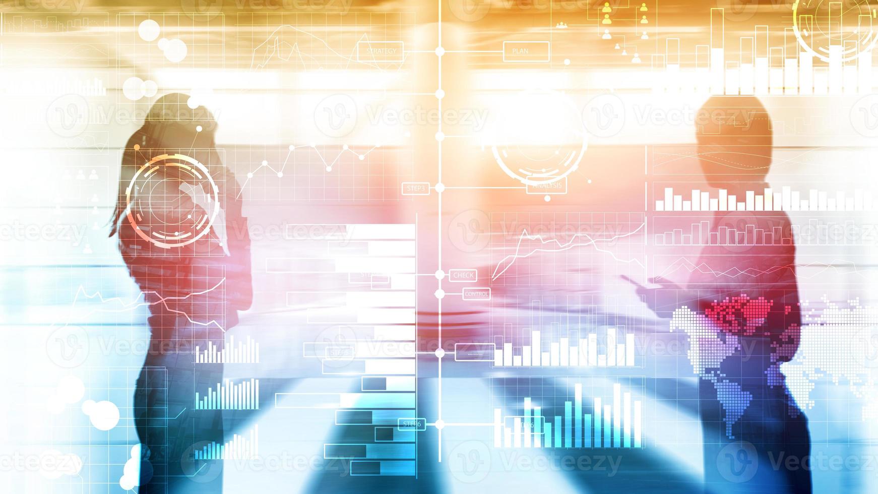 Business intelligence. Diagram, Graph, Stock Trading, Investment dashboard, transparent blurred background. photo