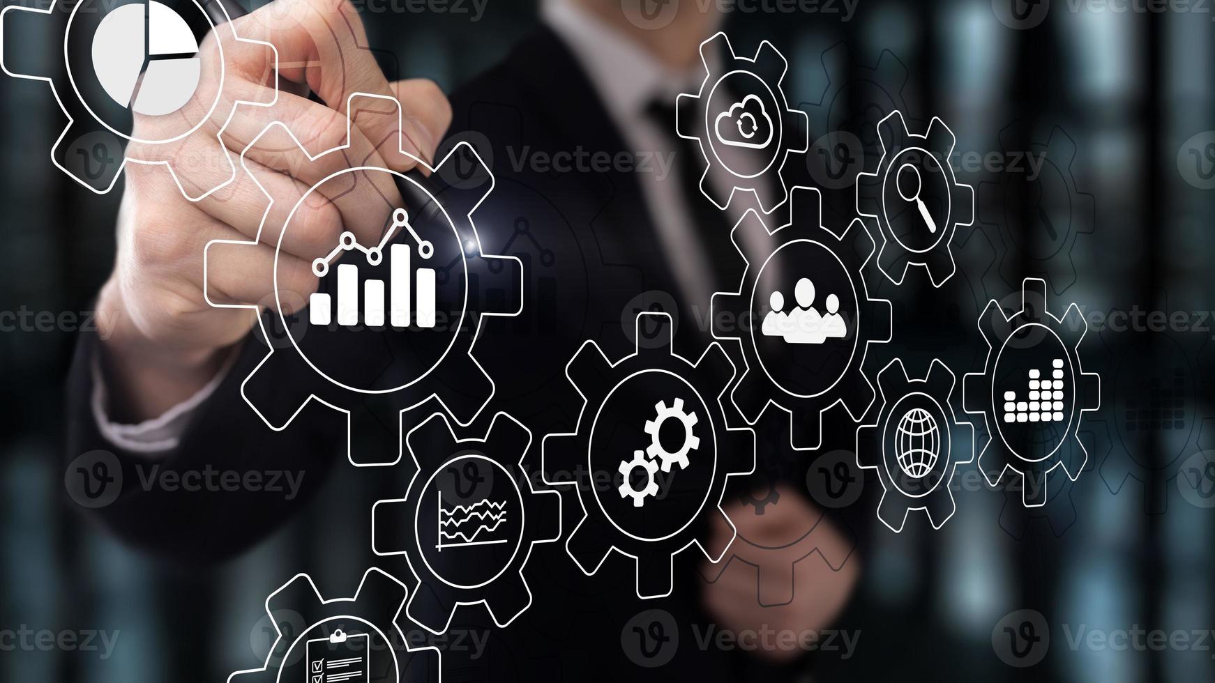 Business process abstract diagram with gears and icons. Workflow and automation technology concept. photo