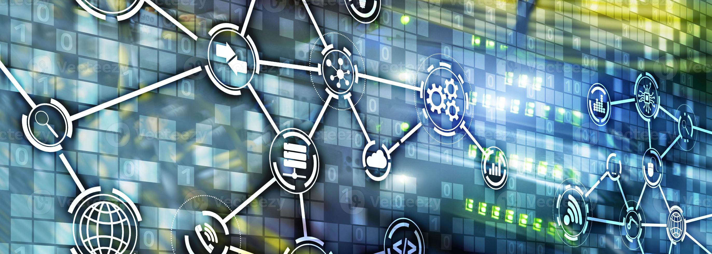 Information and telecommunication technology concept. Diagrams with icons on server room backgrounds photo