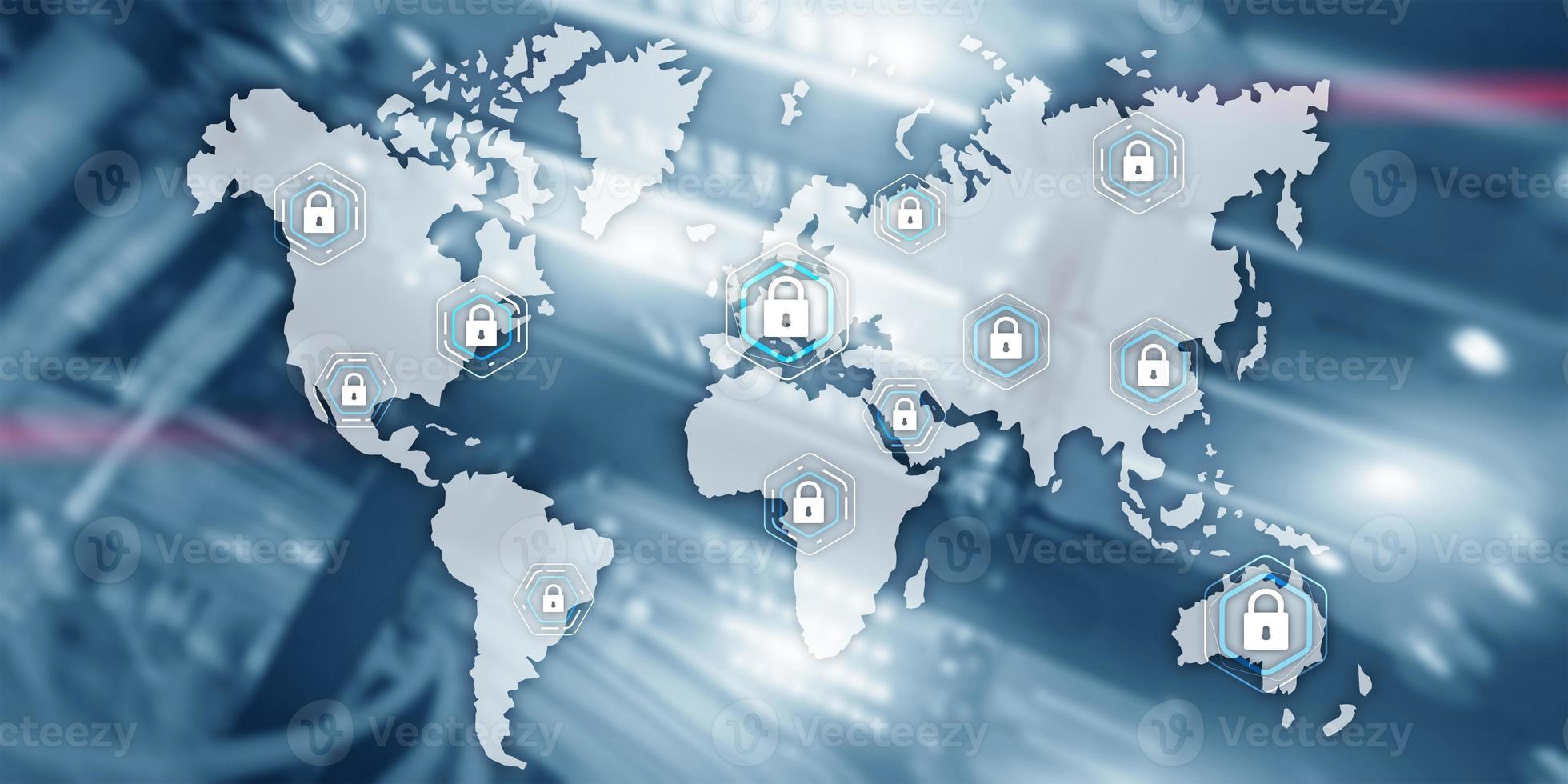 Global cyber security concept communication privacy data protection server room background. photo