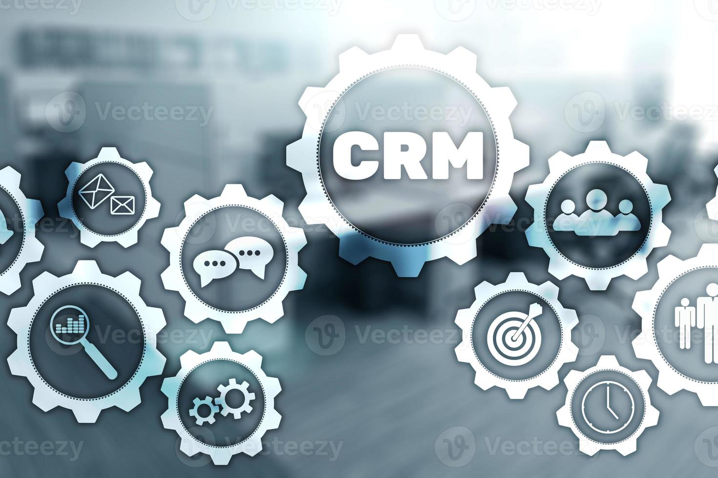 CRM Customer Management Analysis Service Concept. Graphics on blurred office background. photo