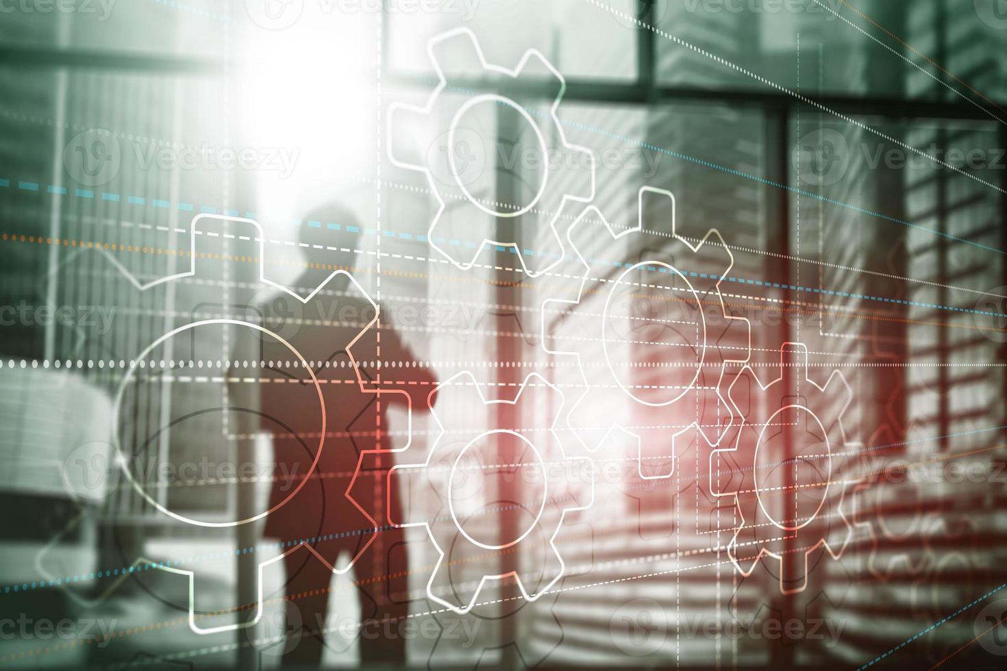 Business technology internet concept double exposure gears abstract background photo