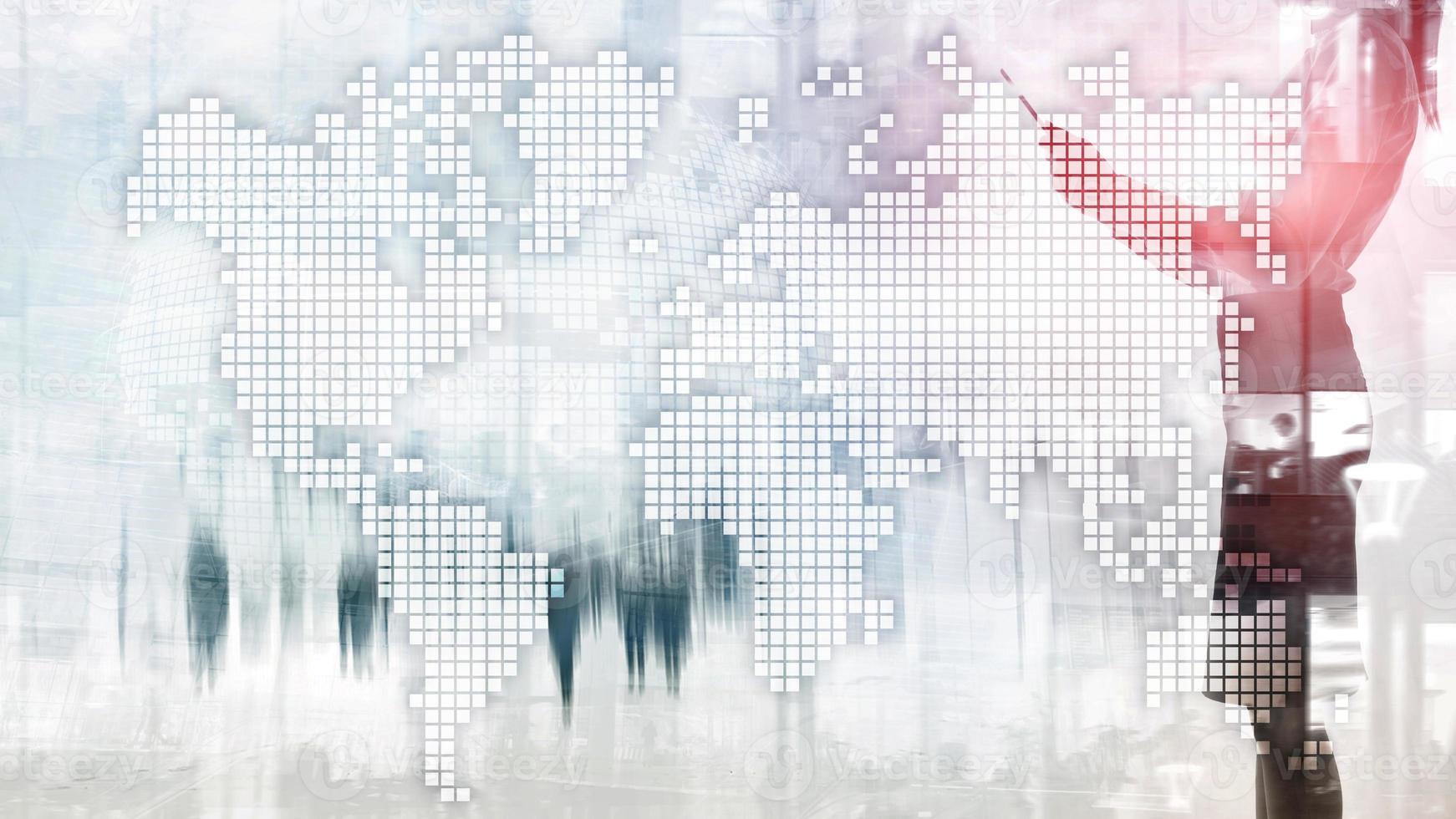 Double exposure world map on skyscraper background. Communication and global business concept photo