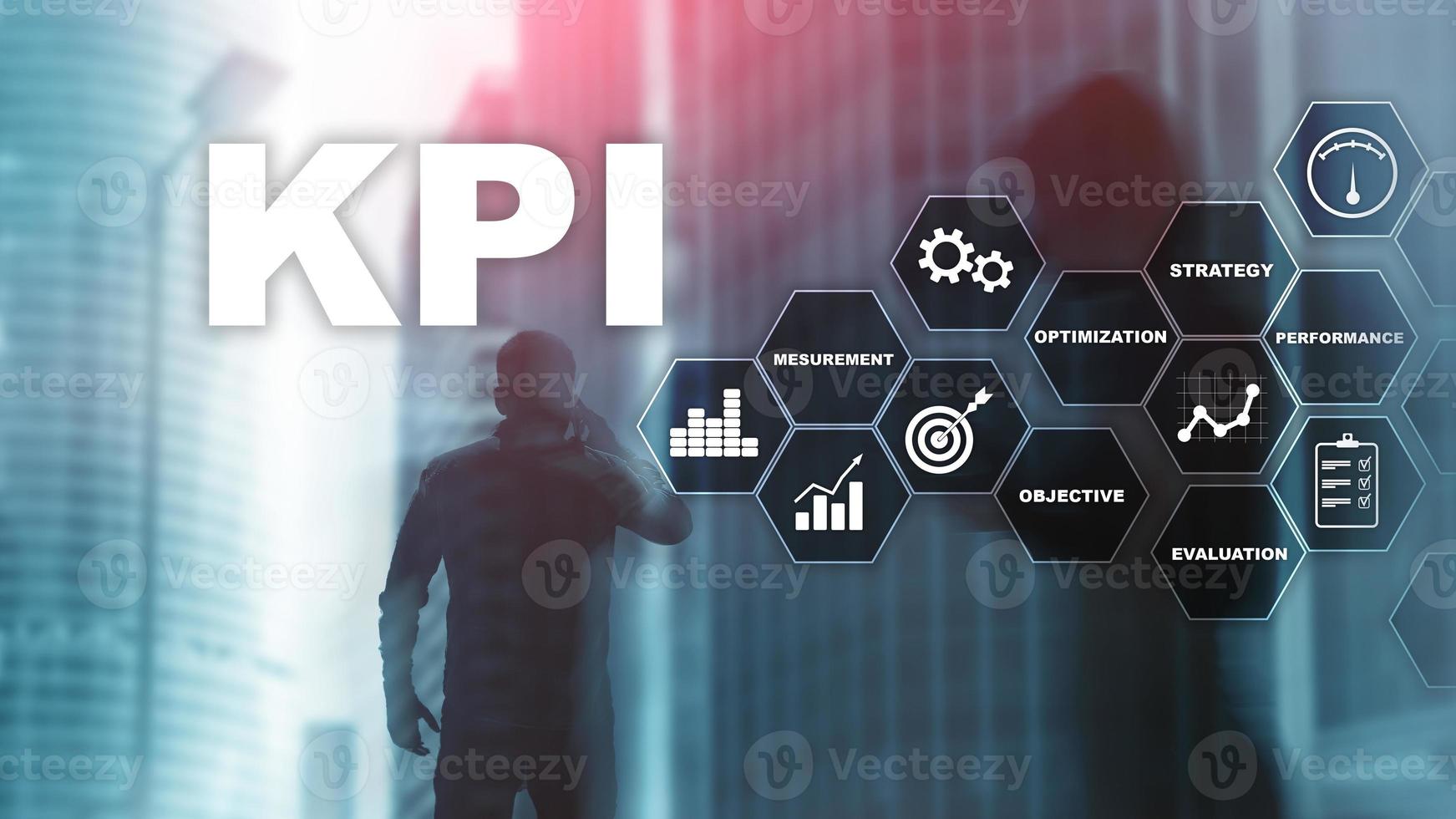 KPI - Key Performance Indicator. Business and technology concept. Multiple exposure, mixed media. Financial concept on blurred background. photo