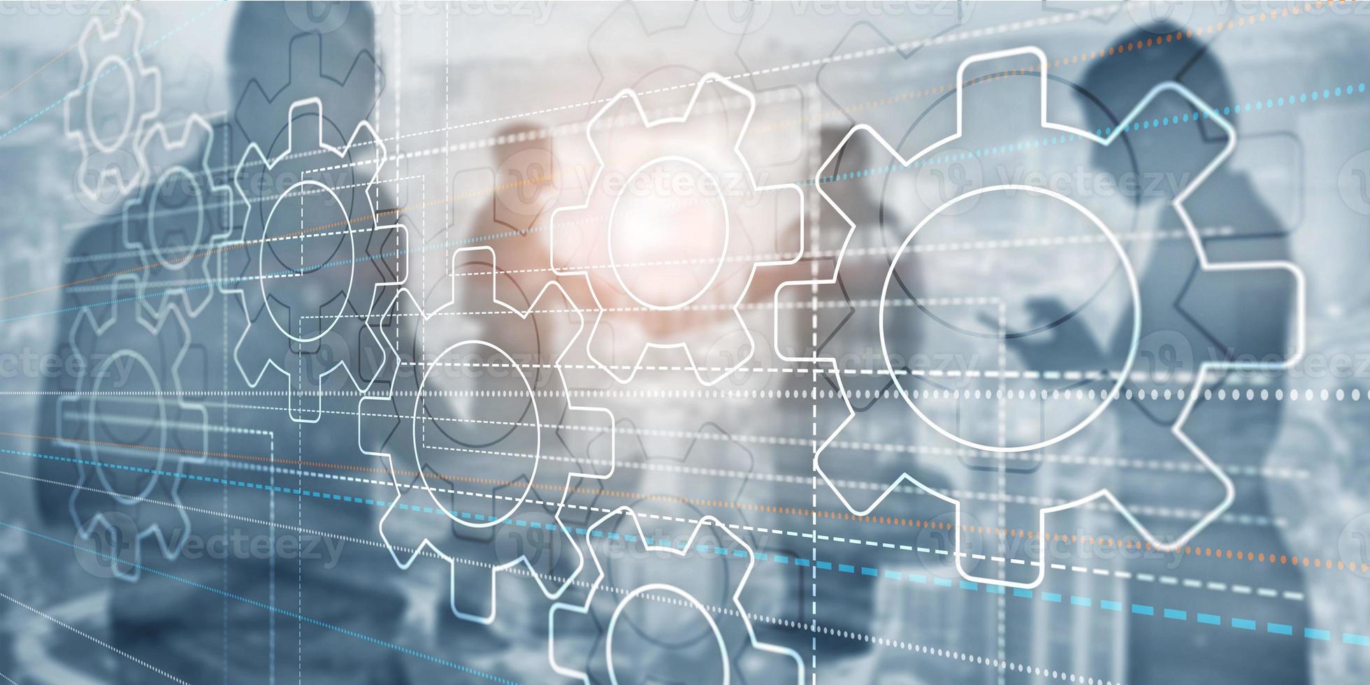 Business technology internet concept double exposure gears abstract background photo