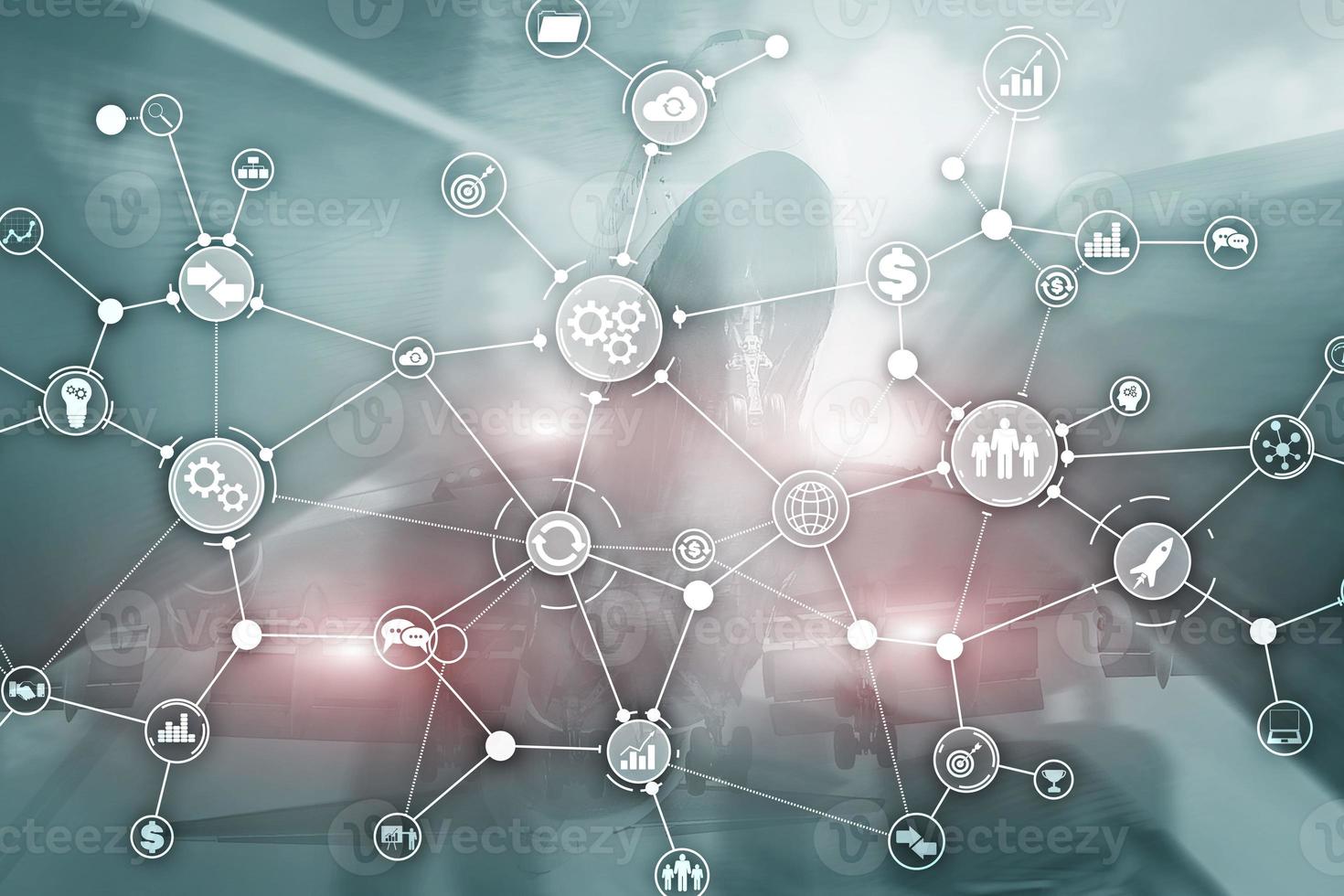 Business process structure industrial workflow diagram automation innovation concept on virtual screen mixed media. photo