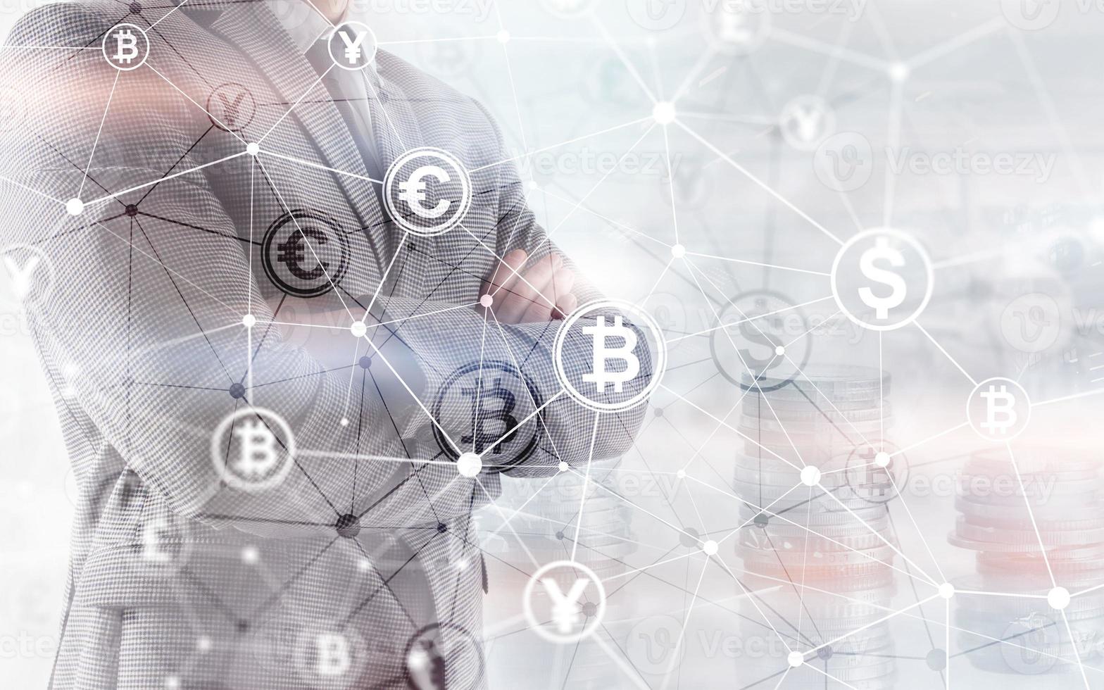 Bitcoin Euro Dollar Finance Web Money concept. oins on virtual screen double exposure. photo