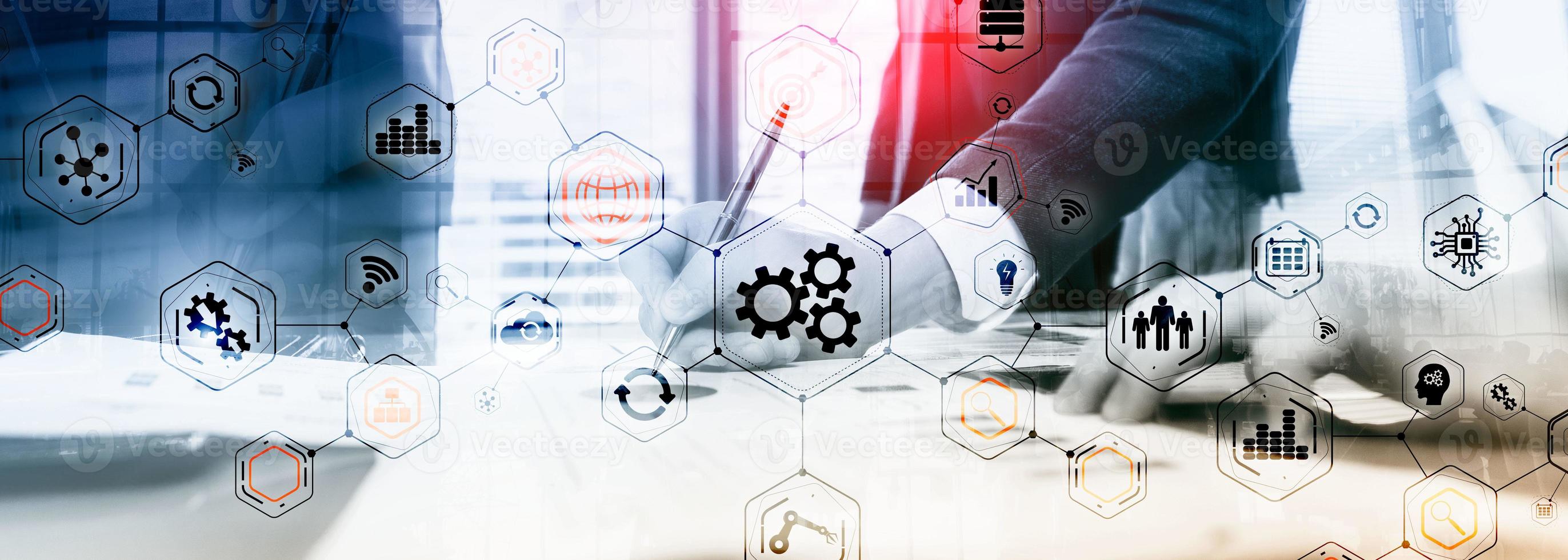 Gears icons engineering manufacturing automation innovation structure abstract concept. photo