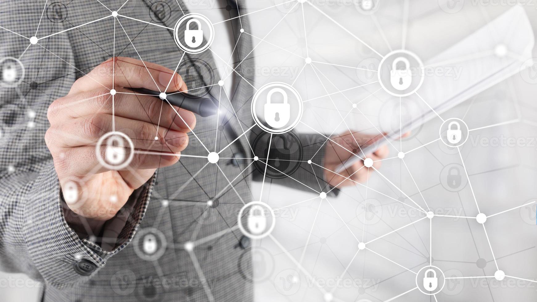 Cyber security, information privacy, data protection concept on modern server room background. Internet and digital technology concept photo
