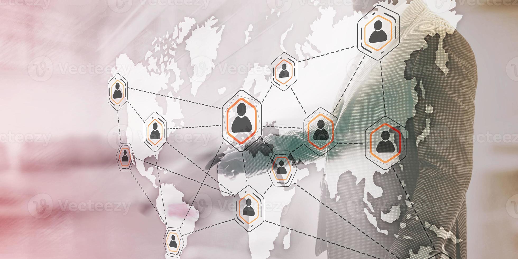 Social network with connected people 3D icons on map. Background for presentations. photo