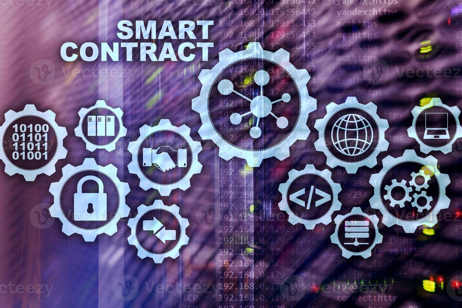 Smart Contract on modern server room background. Business Technology photo