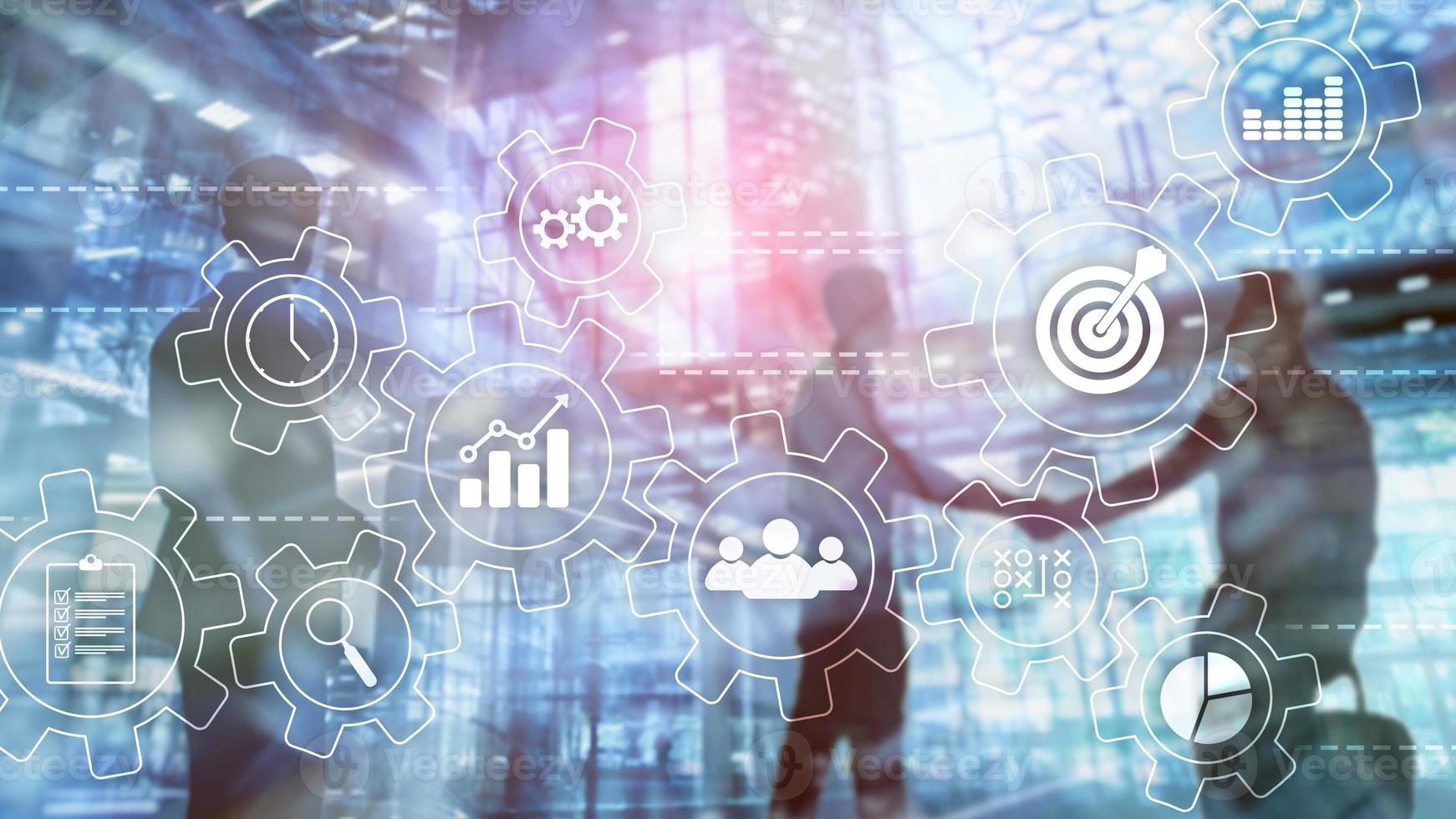 Business process automation concept. Gears and icons on abstract background photo
