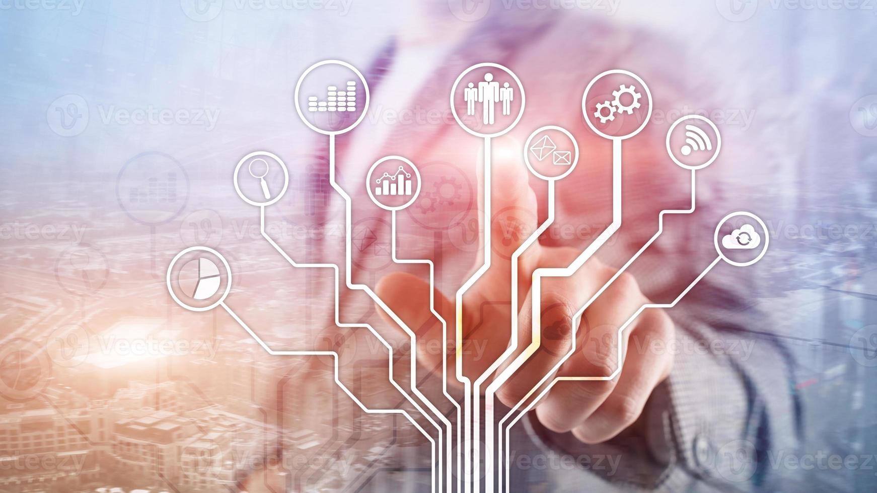 Business applications icons on blurred background. Financial and trading. Internet technology concept. photo