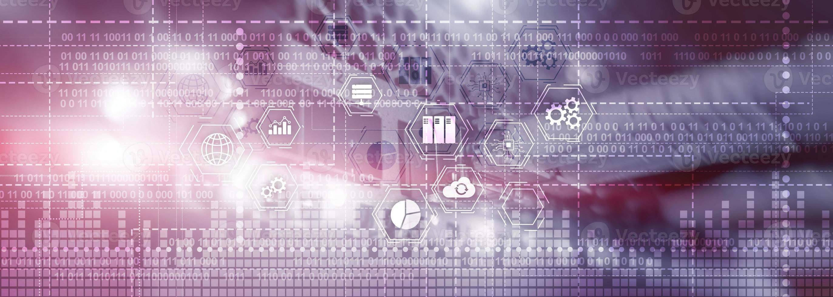 Binary code. ICT - information and telecommunication technology and IOT - internet of things concepts. photo