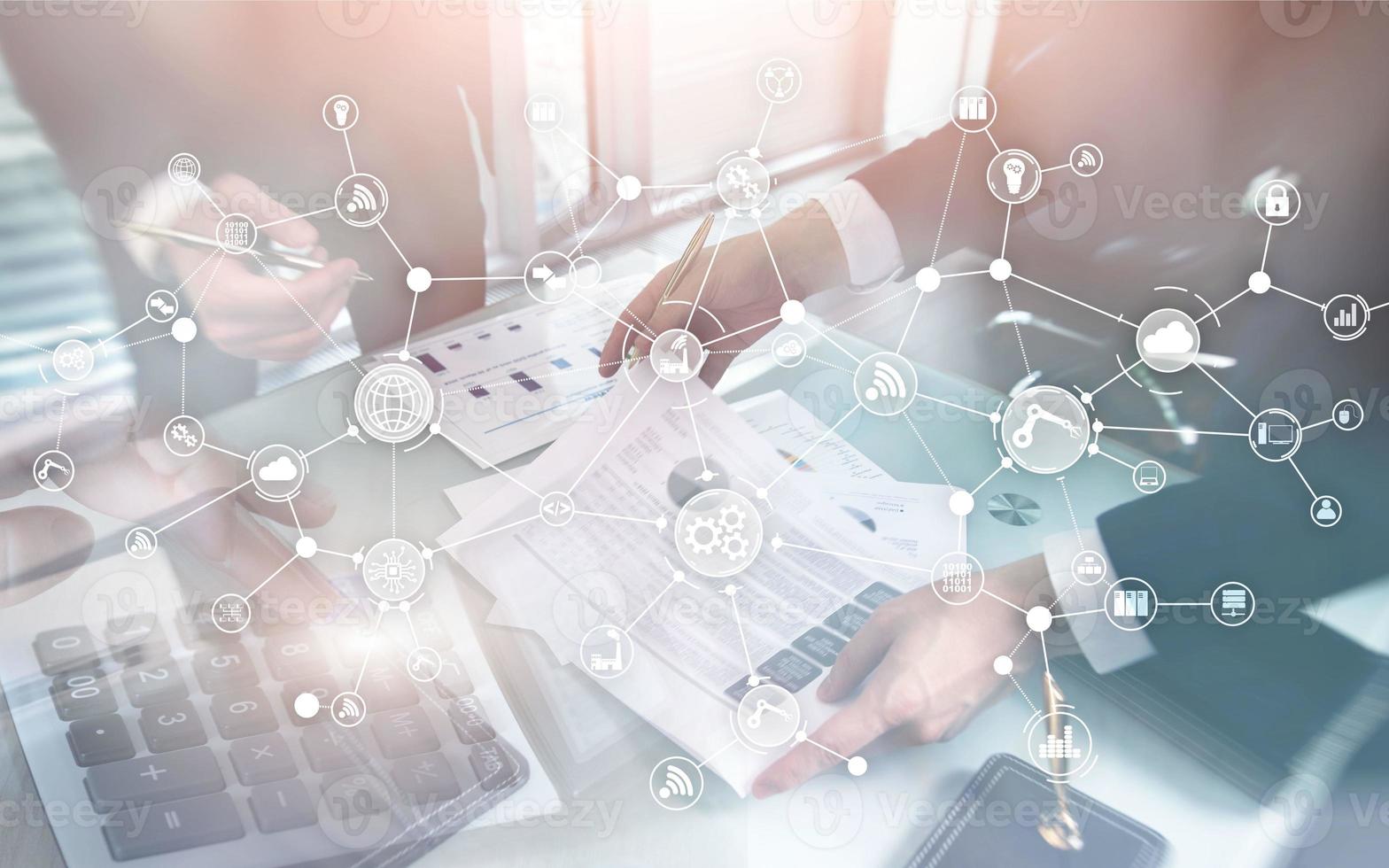 Industrial business process workflow organisation structure on virtual screen. IOT Technology smart industry concept on oins and megapolis background. photo