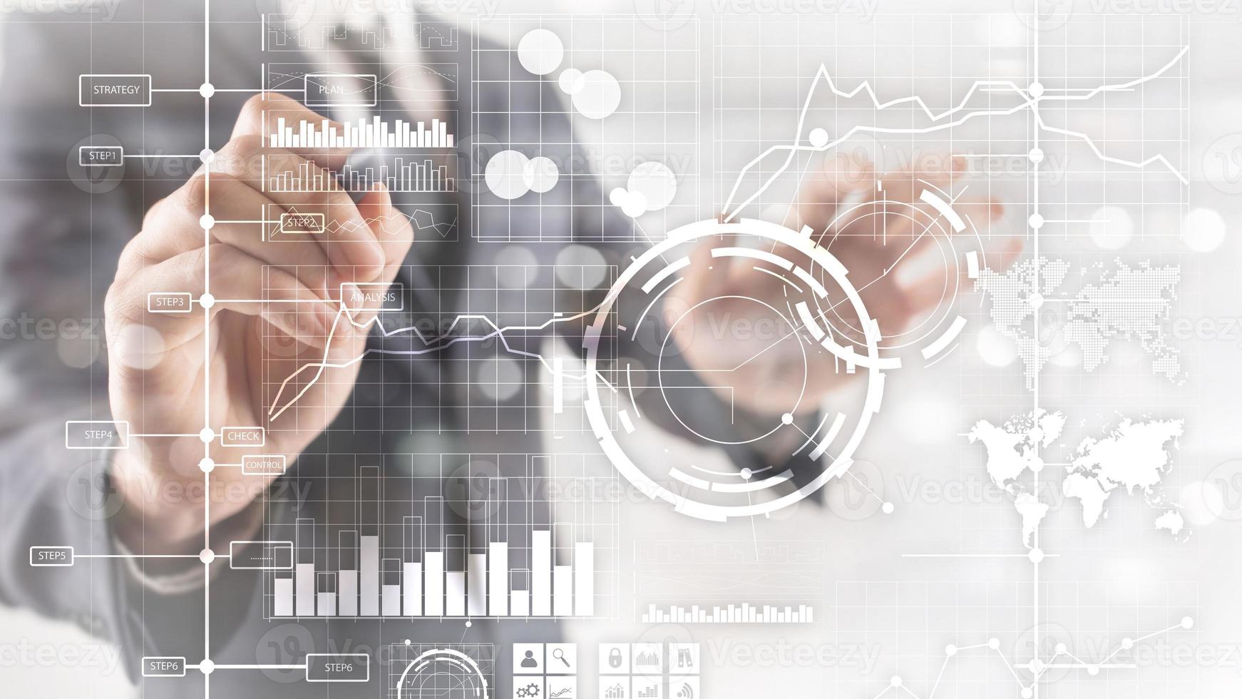 Business intelligence BI Key performance indicator KPI Analysis dashboard transparent blurred background. photo
